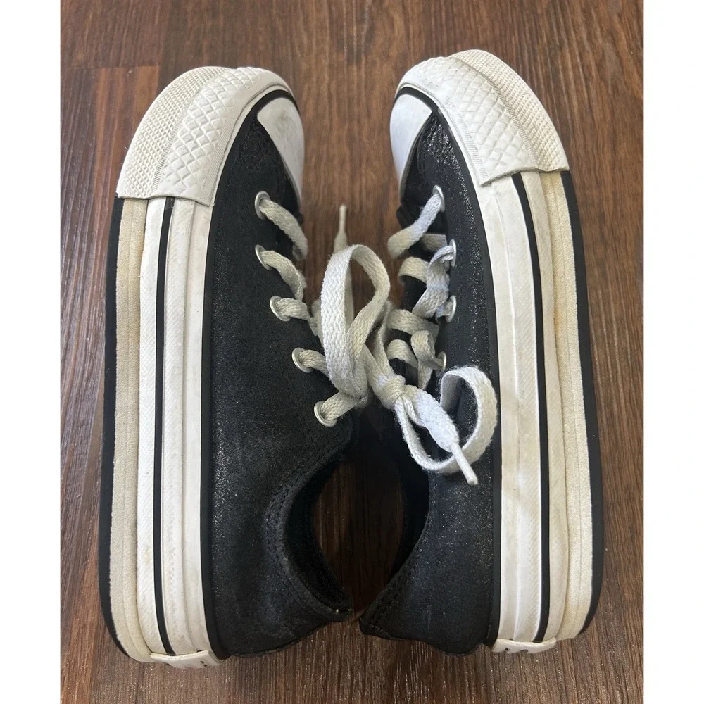 Converse All Stars Girls Size 1 Low Top Sneaker Black Canvas & Glitter B406